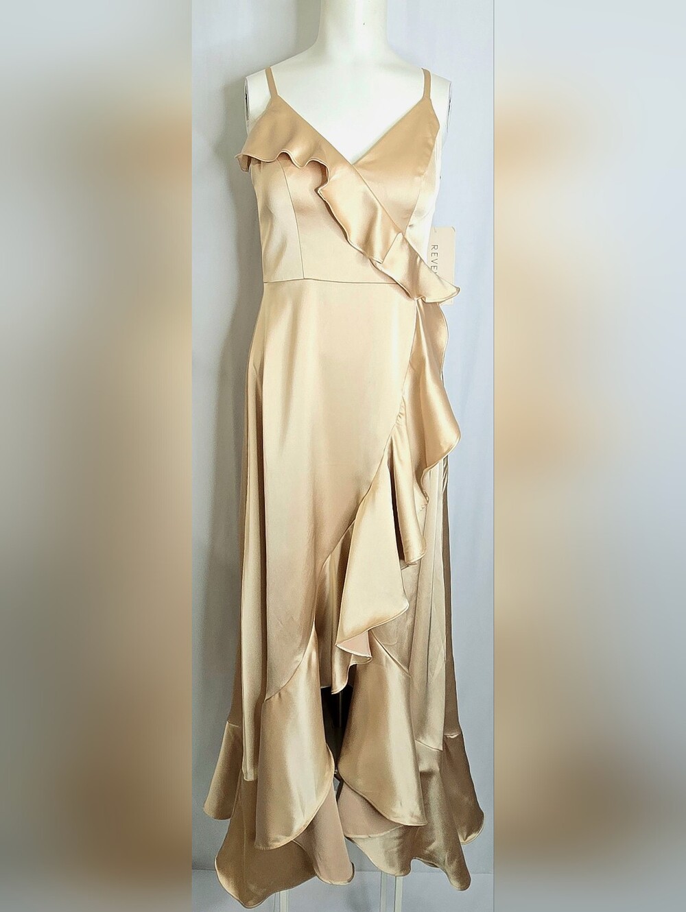 Revelry Paloma Gold Champagne Satin Formal Wedding Guest Bridesmaid Dress 4 NWT